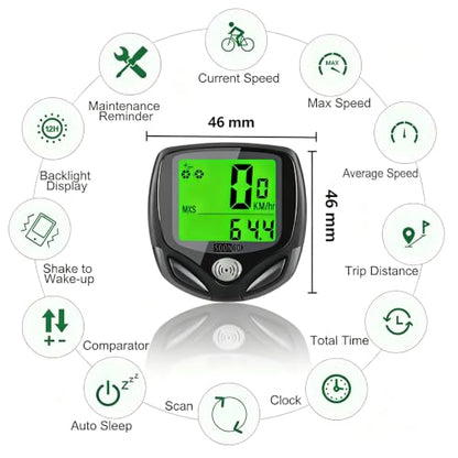 SOON GO Wireless Waterproof Bike Computer, Bicycle Speedometer Odometer with Large LCD Green Backlight, Auto Sleep & Wake-Up, Accurate Multi-Function Speed Tracker for Mountain, Road & Folding Bikes