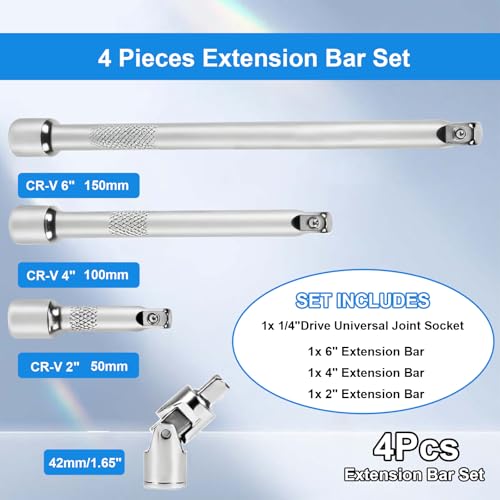 1/4 Inch Drive Socket Extension Bar Set, 4 Piece wrench extender - size: 1/4