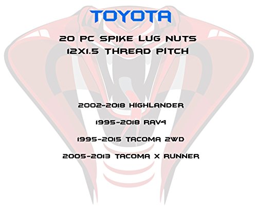 20 Pc 12x1.5 Tall 4.5" Solid Spike Red Lug Nuts with Locking Socket Key | Fits Toyota Highlander Rav4 & 5 Lug Tacoma