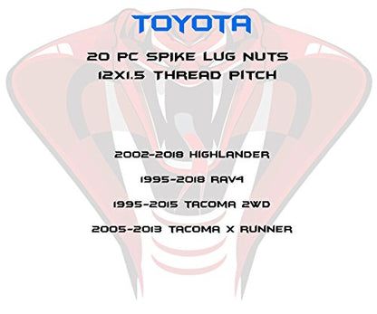 20 Pc 12x1.5 Tall 4.5" Solid Spike Red Lug Nuts with Locking Socket Key | Fits Toyota Highlander Rav4 & 5 Lug Tacoma