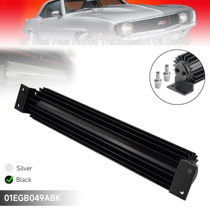 Universal 15'' Aluminum Dual Pass Finned Transmission Oil Cooler W/Fittings Black - color: Black, size: 15''