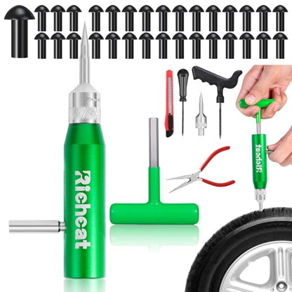 Richcat Tubeless Tire Puncture Repair Kit with Mushroom Plug, Repairs punctures and Flat Tires for Motorcycles, Cars, Trucks, ATVs and Tractors - size: 30Plugs Kit