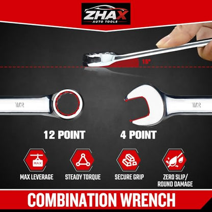 zhax 1/2" SAE Combination Wrench, 12 Point Box End, 15 Degree Offset Design, Mirror Polish Finish, Forged CR-V Steel, Hand Tools for Mechanics, Ideal for Auto and Home Repair - size: 1/2"