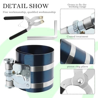Car Engine Piston Ring Compressor Tool for 60-150mm,Piston Ring Compressor Kit with Piston Ring Pliers Install&Remove Piston Ring,Ring Compressor with Adjustable Screw