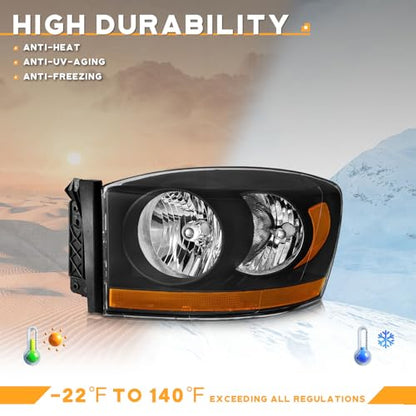WEELMOTO Black Headlights with Amber Bottom for 2006-2008 Ram 1500-3500 - color: Clear Lens I Black housing I Amber Reflector