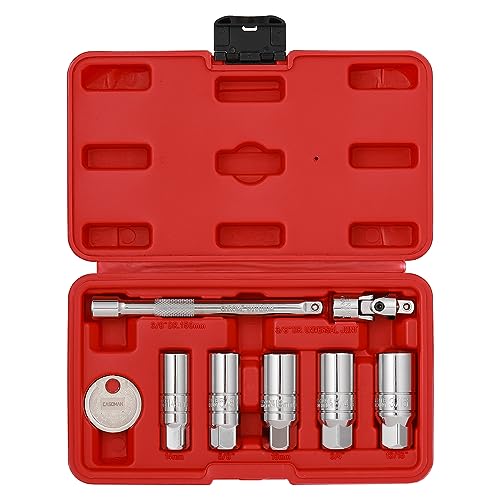 CASOMAN 3/8-Inch Drive Spark Plug Socket Set, 6-Point, Include Extension Bar, Universal Joint & Spark Plug Gapper, 8Piece Set, CR-V Steel - size: 8-Piece Set with Accessory
