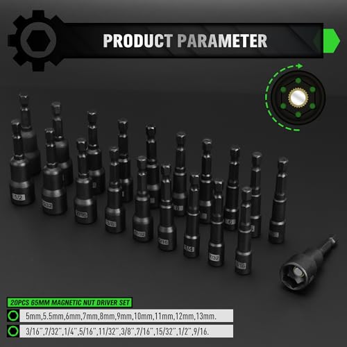 Magnetic Nut Driver Set, 20-Piece Metric & SAE 1/4" Hex Shank, Drill Socket Set, Impact Driver Bit Sets, Magnetic Bit Holder with Aluminum Alloy Snap Clip, 65mm Long Hex Bits, Quick Change Tool - color: 20pcs 65mm Black