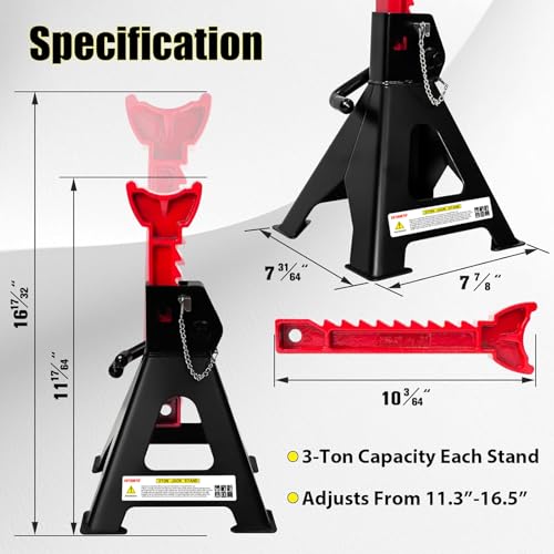 YATOINTO Jack Stands 3 Ton (6,600 LBs) with Double Pin Locking, Car Jack Stand 11.22"-16.54" Adjustable with Rubber Pads, Jack Stands for Trucks,Home,Garage, SUV, Pickup,Car,UTV/ATV,1 Pair - color: Black+Red, size: 3 Ton Double Pin Locking with Rubber Pad
