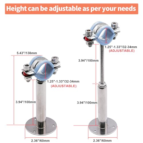 AKIHISA 2 Pcs 304 Stainless Steel Pipe Supports, Wall Mount Ceiling Mount Pipe Hanger, Pipe Holder for OD Pipe 32-34MM Adjustable Height Range 100-200mm - size: 32-34mm, style: Adjustable Height 100-200mm