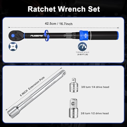 5PCS Torque Wrench Set 3/8" Drive 5-50 FT.LB, Dual-Direction 72-Tooth Adjustable Torque Wrenches with 6" Extension Bar, 3/8" to 1/2" & 1/4" Adapters for Car, Motorcycle,Bike Maintenance - size: 3/8" 5-50 FT.LB - 5 Pcs
