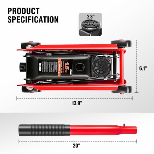 DNA Motoring Low Profile Hydraulic Trolley Service/Floor Jack, 1.5 Ton (3000 lbs) Capacity, Lifting Range 5.5"-15.35",Red, TOOLS-00675-RD - color: Red, style: 1.5 ton
