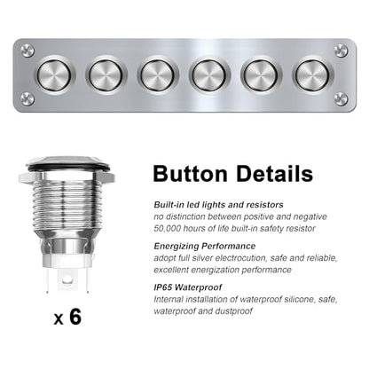 6 Gang Push Button Switch Panel Antioxidant Aluminum DC 12V Pre-Wired with LED Indicator Light IP65 Waterproof Panel for Marine Car RV Truck Yacht (White LED) - color: 6Gang White LED