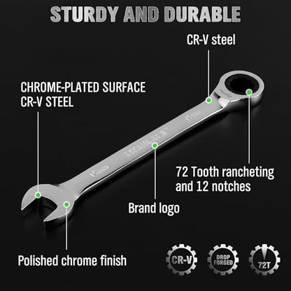 12-Piece Ratchet Wrench Set, Metric 6-18mm Ratchet Combination Wrenches Set, 12-Point 72-Tooth Ratcheting Spanners with Magnetic Base Organizer, Chrome Vanadium Steel for Automotive Mechanic Tool - style: Ratchet Metric