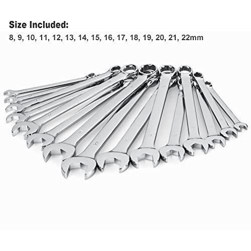 Max Torque 15-Piece Premium Combination Wrench Set, Chrome Vanadium Steel, Long Pattern Design | Include Metric Sizes 8, 9, 10, 11, 12, 13, 14, 15, 16, 17, 18, 19, 20, 21, 22mm with Storage Rack - size: Regular Size Premium Set