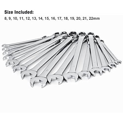 Max Torque 15-Piece Premium Combination Wrench Set, Chrome Vanadium Steel, Long Pattern Design | Include Metric Sizes 8, 9, 10, 11, 12, 13, 14, 15, 16, 17, 18, 19, 20, 21, 22mm with Storage Rack - size: Regular Size Premium Set