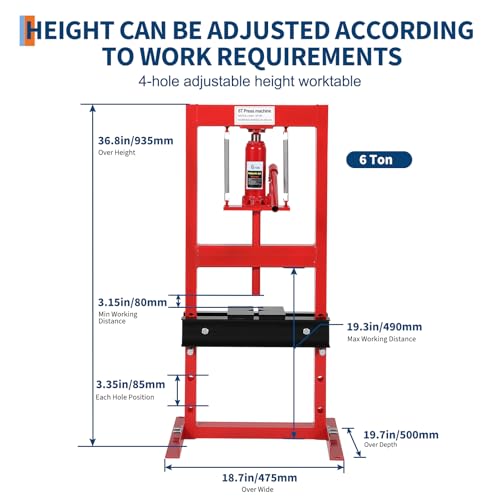 Hydraulic Shop Press, 6 Ton H-Frame Bearing Press with Adjustable Height - size: 6T