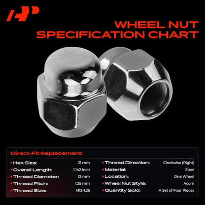 A-Premium One Wheel M12-1.25 Wheel Lug Nuts, Set of 4 - size: 4 PCS