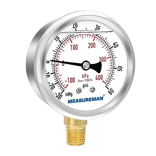 MEASUREMAN 2-1/2" Dial Size, Glycerin Filled Pressure Gauge, 30inHG-60psi, 304 Stainless Steel Case, 1/4" NPT Lower Mount - size: -14.7-60 psi, style: Lower Mount