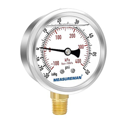 MEASUREMAN 2-1/2" Dial Size, Glycerin Filled Pressure Gauge, 30inHG-60psi, 304 Stainless Steel Case, 1/4" NPT Lower Mount - size: -14.7-60 psi, style: Lower Mount