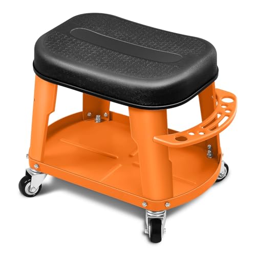 DNA MOTORING Removable Rolling Garage Stool with Seat Cushion & Tool Tray Plate, 300lbs Max Weight Capacity, Orange, TOOLS-00479-OG - color: Orange