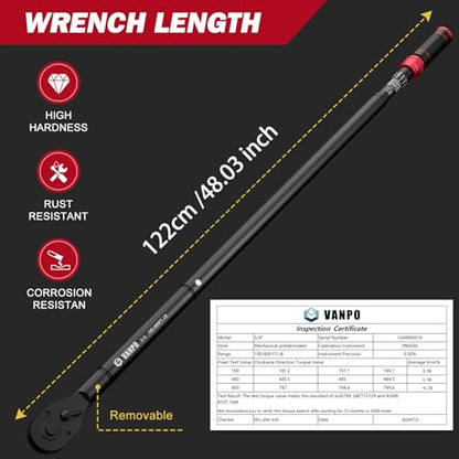 VANPO 3/4-inch Drive Click Torque Wrench, 100-800Ft-Lb, for Car, Truck - size: 3/4-Inch (100-800 Ft-Lb / 135.5-1084 Nm)