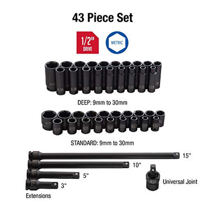 Sunex 2569, 1/2" Drive Master Impact Socket Set, 43Piece, Metric, 9mm - 30mm, Standard/Deep, Cr-Mo Alloy Steel, Radius Corner Design, Heavy Duty Storage Case, Universal Joint & Impact Extensions - size: 43-piece Metric