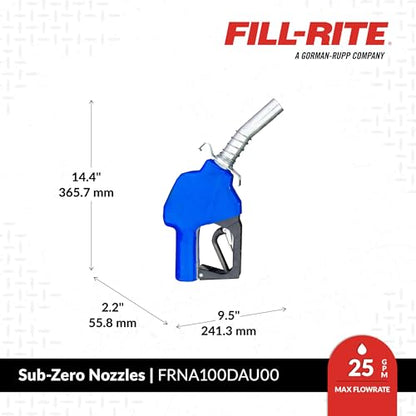 Fill-Rite FRNA100DAU00 1” 5 to 25 GPM Sub-Zero Automatic Fuel Transfer Nozzle - Cold Weather Applications, Blue - For Gasoline, Diesel, Biodiesel up to B20, E15 & Kerosene - style: 1" Arctic Nozzle