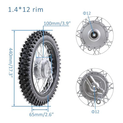 TDPRO 60/100-12 Front Wheel 12" Tire Rim for Drum Brake Dirt Pit Bike CRF50 XR50 70cc 125cc - size: 60/100-12