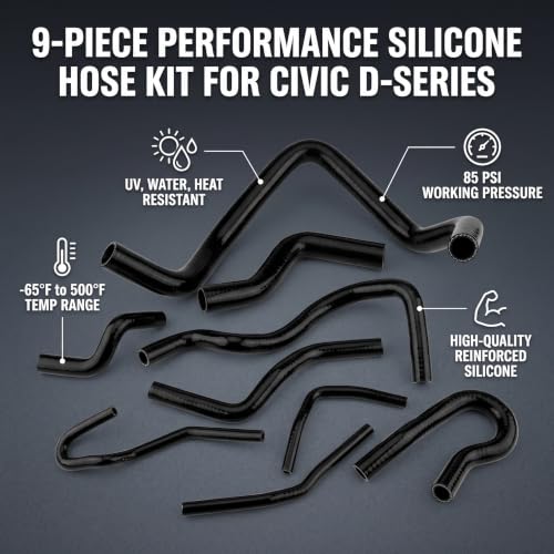 9pcs Silicone Auto Radiator Hose Kit, Coolant Pipe Car Radiator Hoses for D15 D16 SOHC EG/EK 1992-2000 (Black)