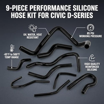 9pcs Silicone Auto Radiator Hose Kit, Coolant Pipe Car Radiator Hoses for D15 D16 SOHC EG/EK 1992-2000 (Black)
