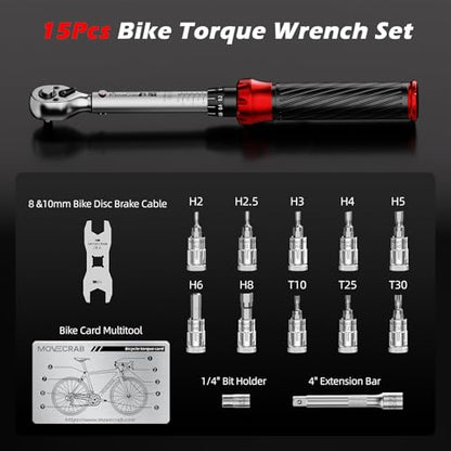 15pcs 1/4" Bike Click Torque Wrench Set, 3-25 N.m/2.21-18.43 Ft.lb - size: 15pcs Bike Torque Wrench Set