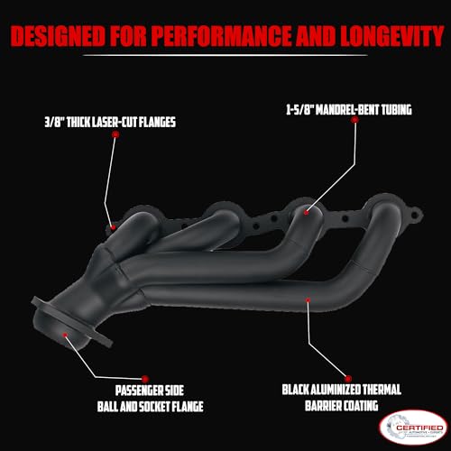 High Temperature Black Coated Exhaust Headers 2002–2013 Silverado Sierra Suburban Tahoe Yukon Escalade 4.8L 5.3L 6.0L 6.2L V8 LS Style Engines Right Side Beveled Flange - size: Black Coated Exhaust Headers