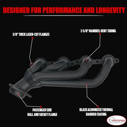 High Temperature Black Coated Exhaust Headers 2002–2013 Silverado Sierra Suburban Tahoe Yukon Escalade 4.8L 5.3L 6.0L 6.2L V8 LS Style Engines Right Side Beveled Flange - size: Black Coated Exhaust Headers