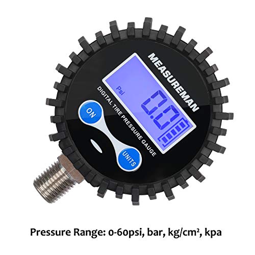 MEASUREMAN 2-1/2" Dial Size Digital Air Pressure Gauge with 1/4'' NPT Bottom Connector and Protective Boot, 0-60psi, Accuracy 1%, Battery Powered, with LED Light - size: Long thread, style: 0-60psi