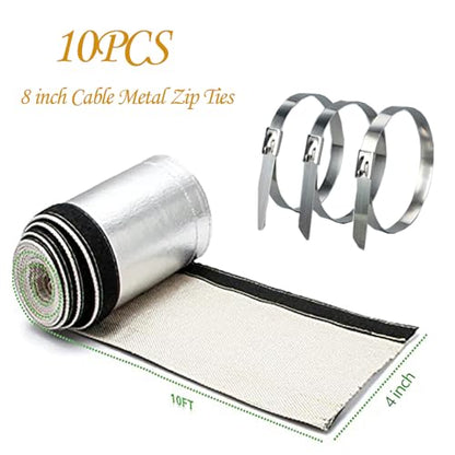 Aluminized Heat Shroud Sleeving Heat Shield Tape Fuel line Wire Protection Silver Hose Heat wrap with 10 Pcs Metal Zip Ties (3/4''I.D. x 10FT) - color: silver, size: 3/4''I.D.