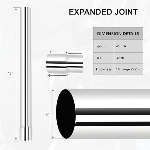 Universal 3 Inch 304 Stainless Steel Straight Exhaust Pipe, 45 Inch Length, 0.048 Inch Thickness -2PCS - size: 3 inches