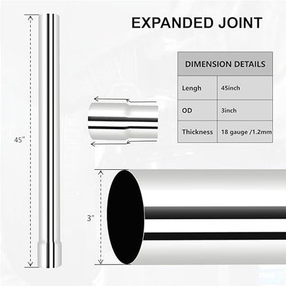 Universal 3 Inch 304 Stainless Steel Straight Exhaust Pipe, 45 Inch Length, 0.048 Inch Thickness -2PCS - size: 3 inches