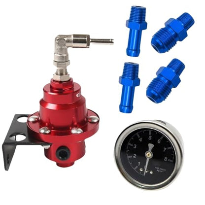 1Pc Universal Adjustable Fuel Pressure Regulator with 1Pc Oil Filled Gauge & 4 Fitting Connectors for Most Cars and Trucks(Red)