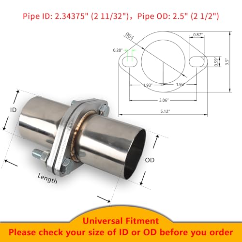 Exhaust Flange Bolts Quick Fix Repair Pipe Kit w/Gasket & Hardware, 2.5'' Inch OD 2 Bolts T304 Stainless Steel Universal Flange Replacement Kit - size: 2.5"OD-2 Bolts