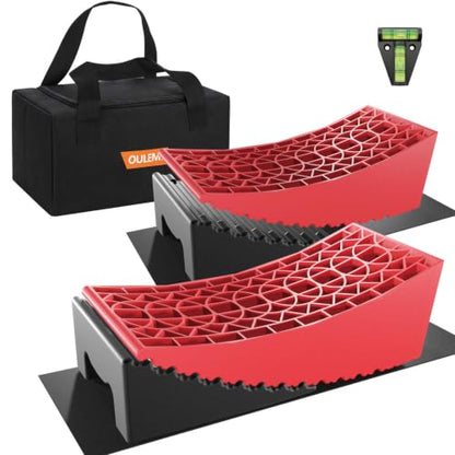 OULEME RV Leveling Blocks, Camper Leveler System 2 Packs for Dual Axle Tandem Wheel Travel Trailer, Include 2 Curved Leveler Ramp, 2 Chock, 2 Rubber Mat, 1 T Bubble Level, 1 Carry Bag - color: Red, size: M (13*6*4.3 inches)