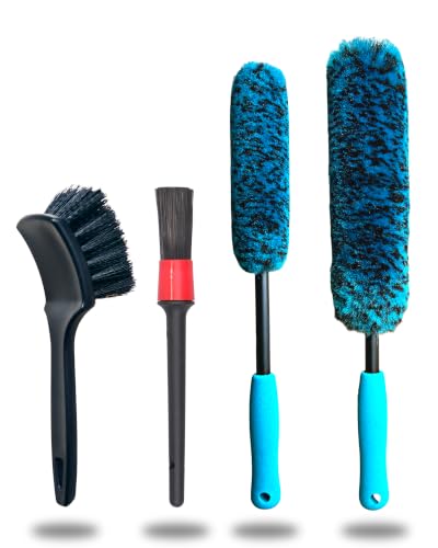 oesee PRO Choice 4 Pack Long Handle Wheel Brush Kit for Cleaning Wheel and Tire- 2X Soft Wheel Cleaning Brush, Detailing Brush and Stiff Tire Brush - color: Blue/Black, size: 4-Pack