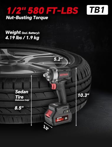ROTAKE 20V Compact 1/2" Cordless Impact Wrench Kit, 580 FT-LBS, TB1 - size: 1/2" (580 ft-lbs) TB1