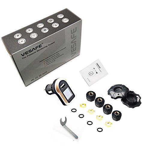 Wireless Tire Pressure Monitoring System, Universal TPMS with Real-Time LCD Display, 5 Alarm Modes, 4 Advanced Waterproof Sensors, 2-Year Battery Life, Cigarette Lighter Plug, 0-6Bar/ 0-87PSI - size: rectangle display