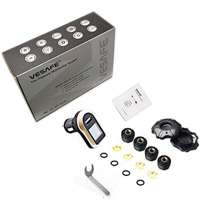 Wireless Tire Pressure Monitoring System, Universal TPMS with Real-Time LCD Display, 5 Alarm Modes, 4 Advanced Waterproof Sensors, 2-Year Battery Life, Cigarette Lighter Plug, 0-6Bar/ 0-87PSI - size: rectangle display