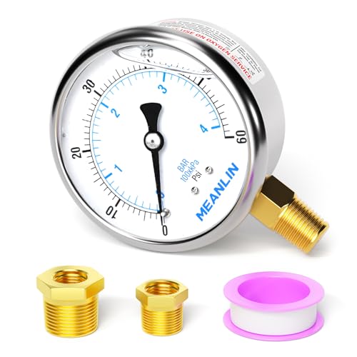 MEANLIN MEASURE 0~60Psi Stainless Steel 1/4" NPT 2.5" FACE DIAL Liquid Filled Pressure Gauge, Pool Sand Filter Pressure Test Lower Mount, with 1/2" NPT and 3/8" NPT Hex Bushing - size: 0-60Psi