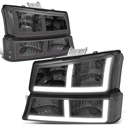 DNA MOTORING HL-LB4-CSIL03-SM-CL1 F-LED DRL Headlights Compatible with 03-06 Silverado Avalanche 1500 2500, Fit Models without Factory Cladding ONLY,Chrome/Smoked - color: Smoke / Clear