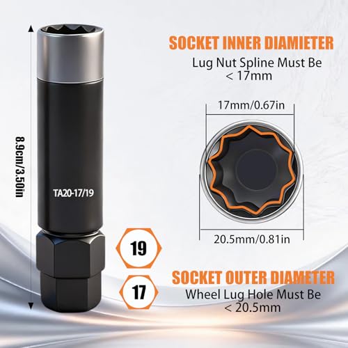 10 Spline Lug Nut Socket, Dual Hex 17mm & 19mm for Truck SUV