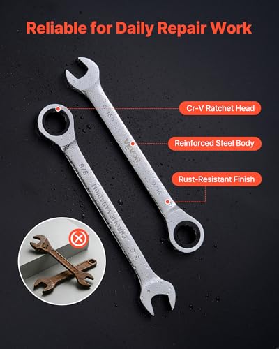 VEVOR Combination Wrench Set, 16-Piece SAE Sizes, 72 Teeth, Cr-V Steel Ratcheting Wrench Set, with Roll Up Pouch, Open End, Clear Size Labels, for General Household and Automotive Repairs, Silver - size: 16PCS
