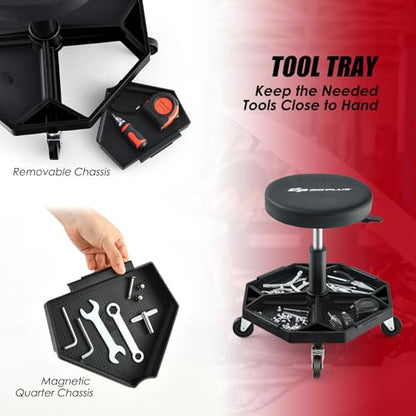 Goplus Mechanic Stool with Wheels, Magnetic Tool Tray, 330LBS Capacity - color: Black, size: Tool Tray
