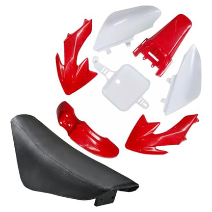 CRF50 Plastics Kit Pit Bike Parts Fairings Fenders + Black Seat for CRF 50 XR 50 XR50 SSR 110 SSR 125 Taotao DB14 Coolster 125cc Dirt Pit Bikes (Red) - color: Red